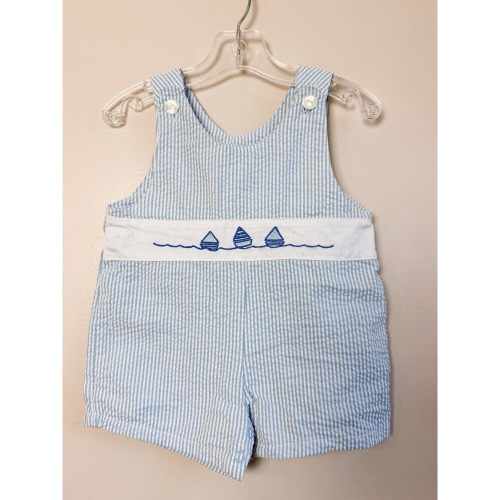 Vintage Blue and White Striped Baby One-Piece Romper with Boat Embroidery